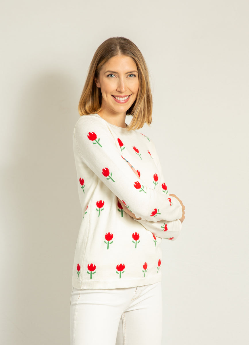 Cherry Print Sweater  Navy & Red – Two Bees Cashmere