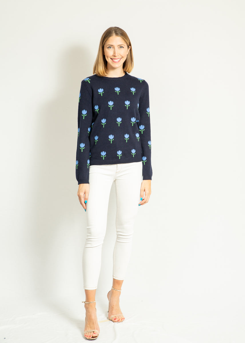 Cherry Print Sweater  Navy & Red – Two Bees Cashmere