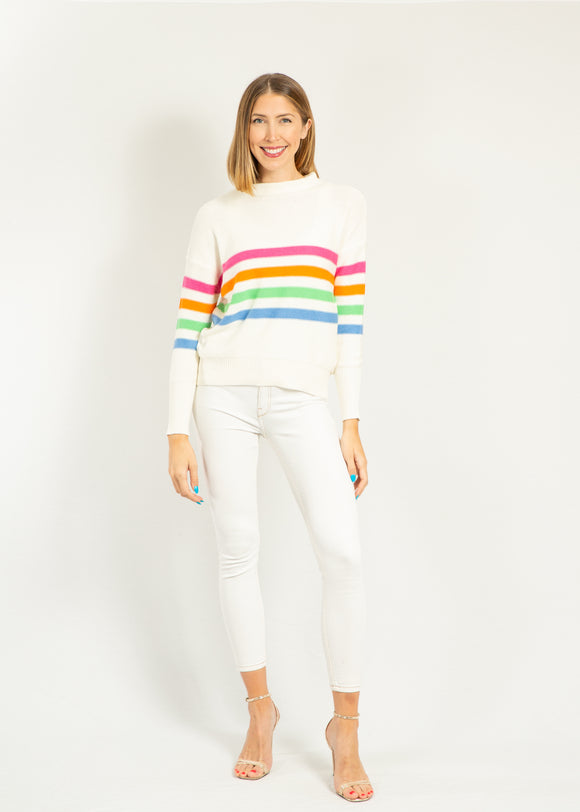 Cotton Funnel Neck Stripe | Ivory & Rainbow Stripes