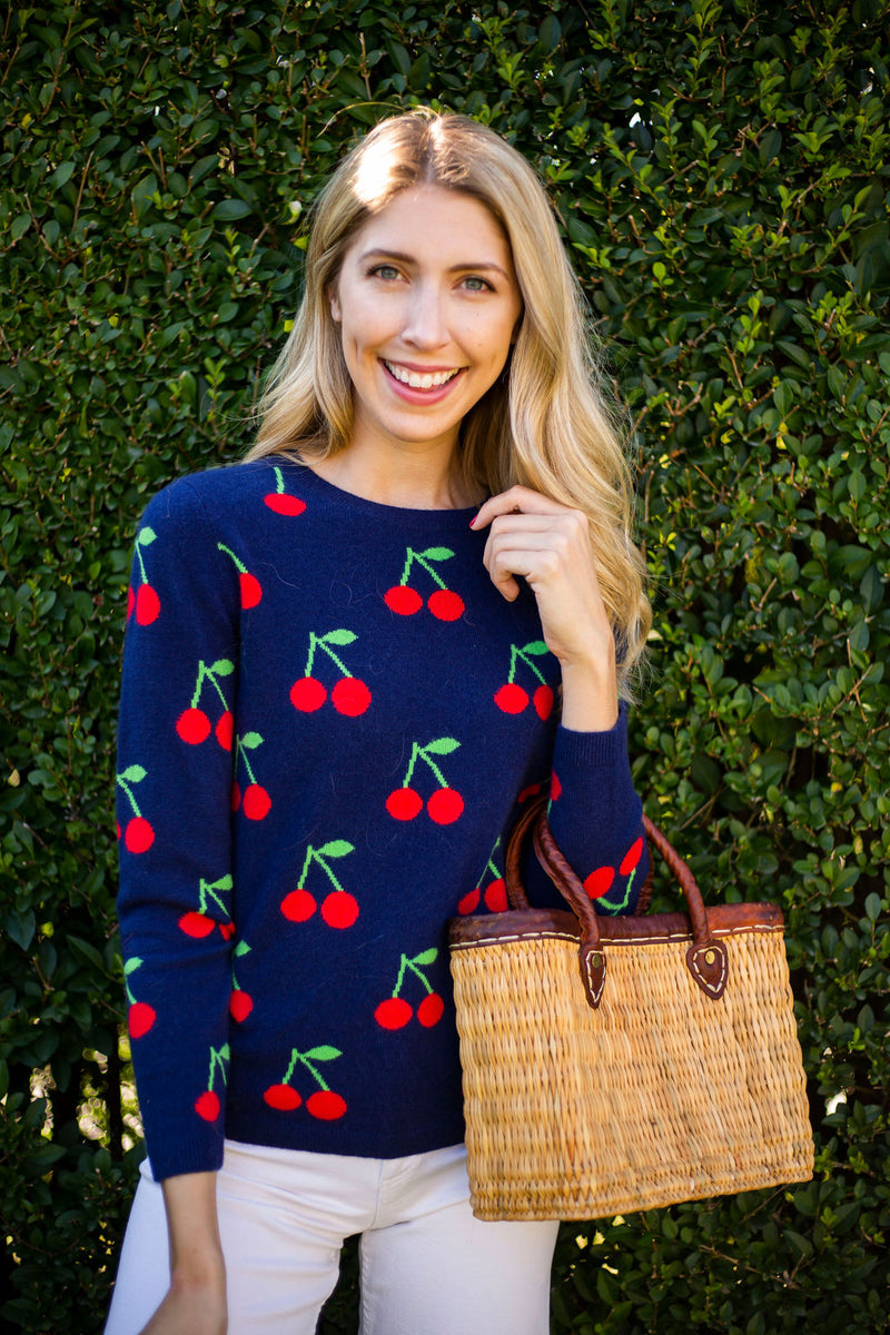 Cherry Print Sweater  Navy & Red – Two Bees Cashmere