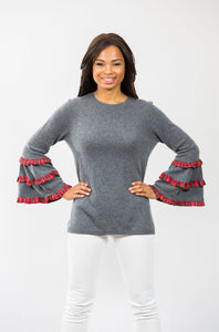 Plaid Bell Sleeve: Charcoal/Red Plaid